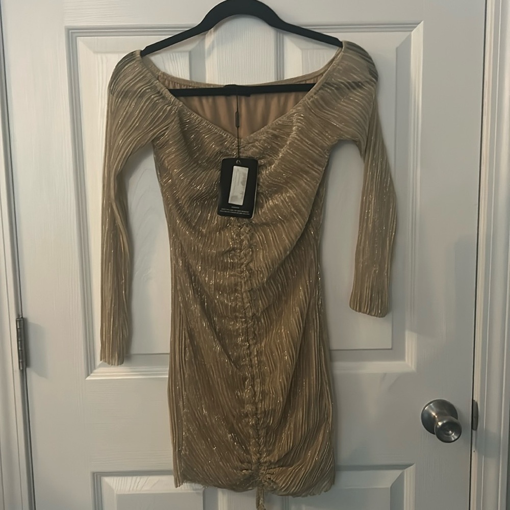 Cinched gold off the shoulder mini dress